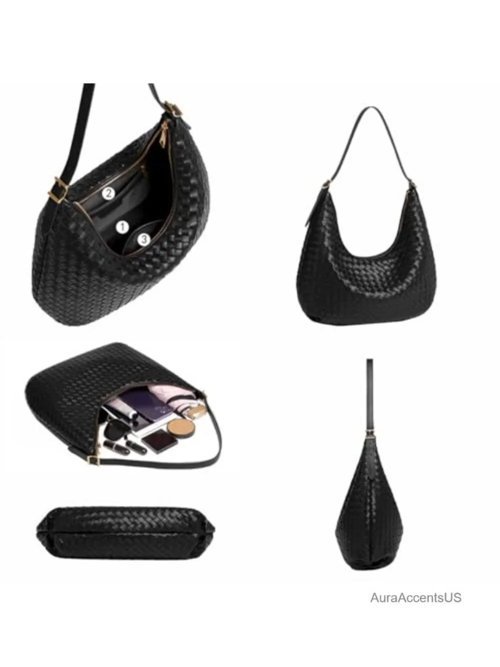 Woven Faux Leather Hobo Shoulder Bag with Zipper Lightweight Tote